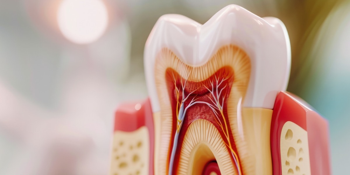 Ein Zahnmodell zeigt eine Wurzelkanalbehandlung von innen